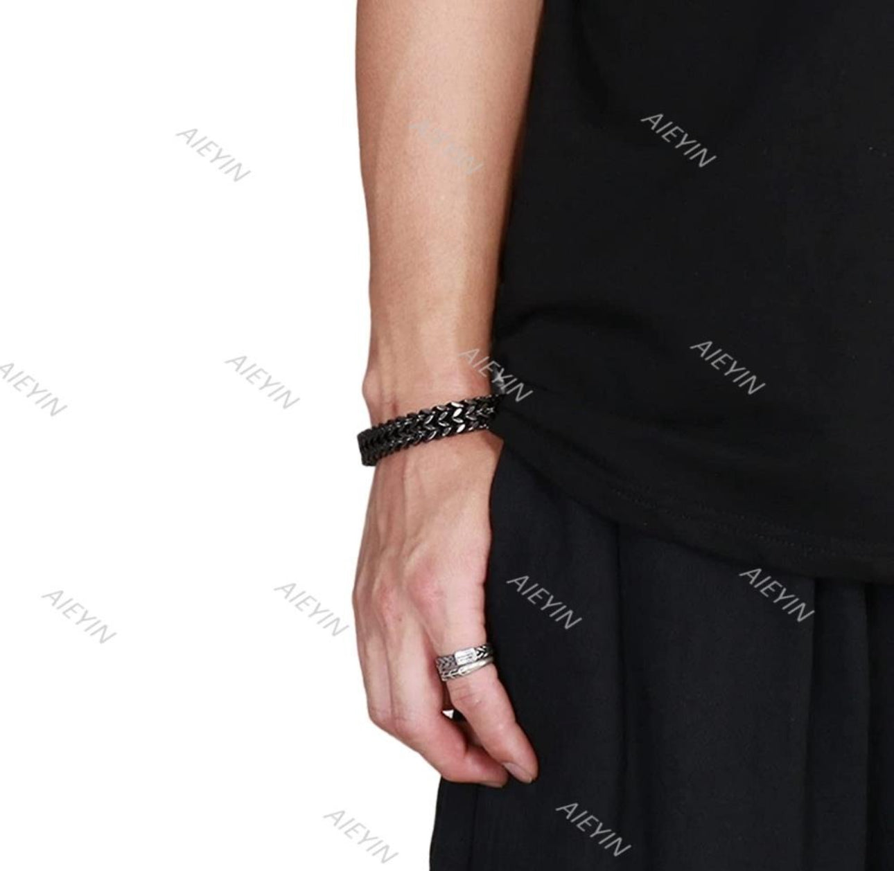 Esclava Negro Para Hombre Dos Filas Acero Hebilla Magnética