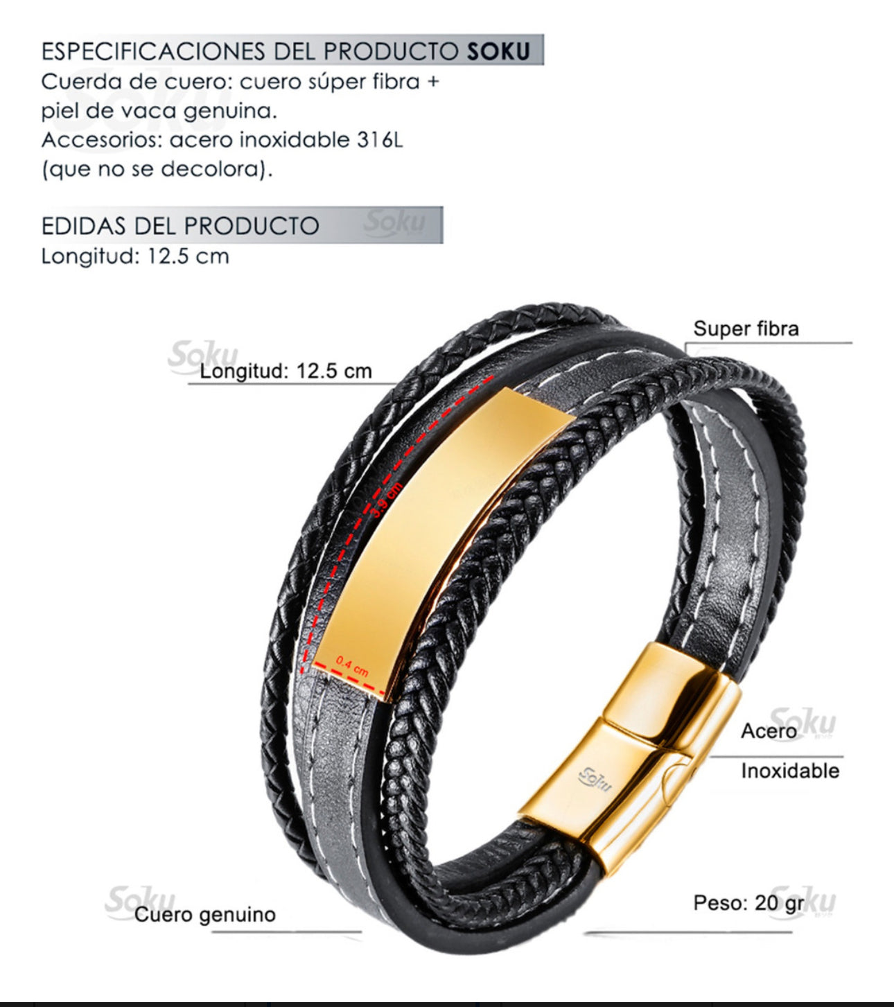 Soku Pulsera Personalizada Piel Acero Inoxidable Titanio Color Negro Diámetro 21 cm Largo 21 cm