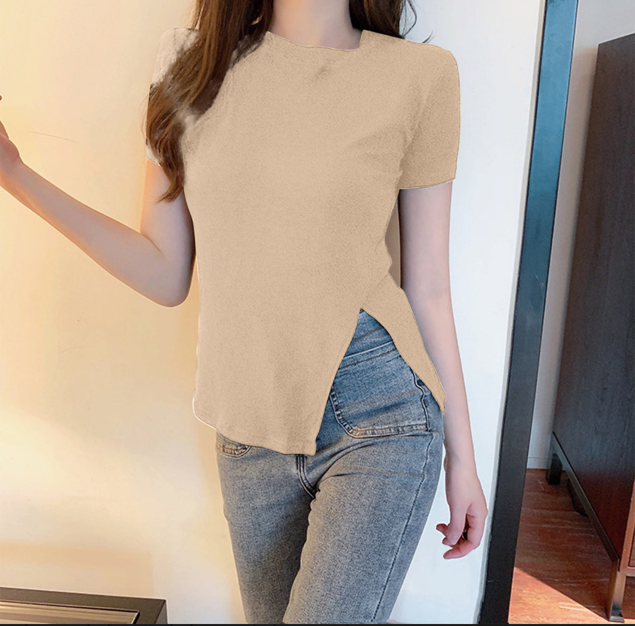 (🌎 PRODUCTO INTERNACIONAL) Una Nueva Camiseta Hugh Top Con Cuello Redondo Y Abertura La