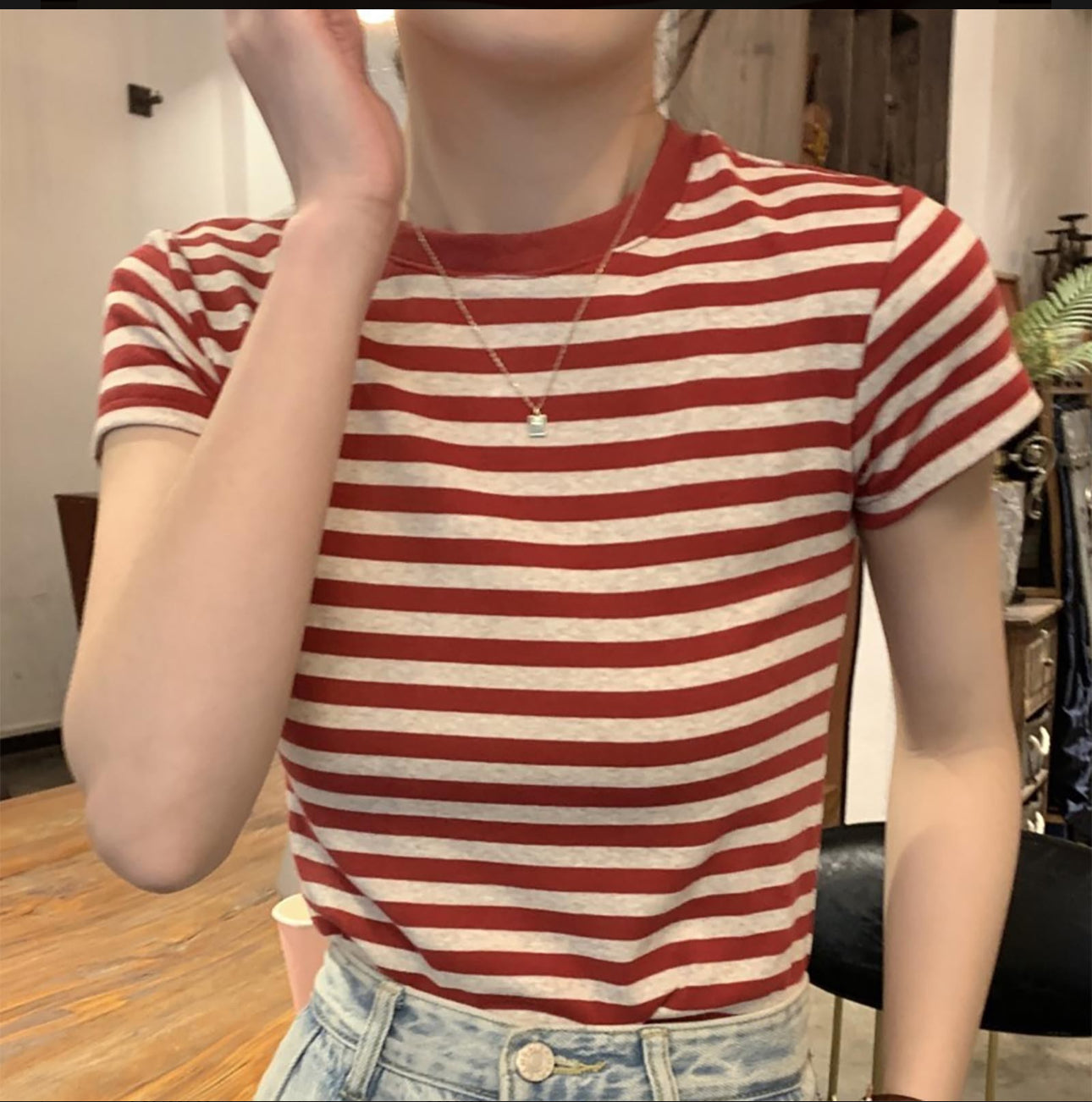 (🌎 PRODUCTO INTERNACIONAL)
 Blusa Casual De Manga Corta Con Cuello Redondo A Rayas Para