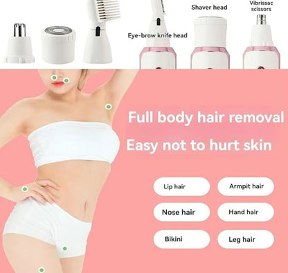 Depiladora eléctrica 4 en 1 para mujer con conexión inalámbrica USB: Afeita fácilmente el rostro, las axilas y la línea del bikini (rosa)