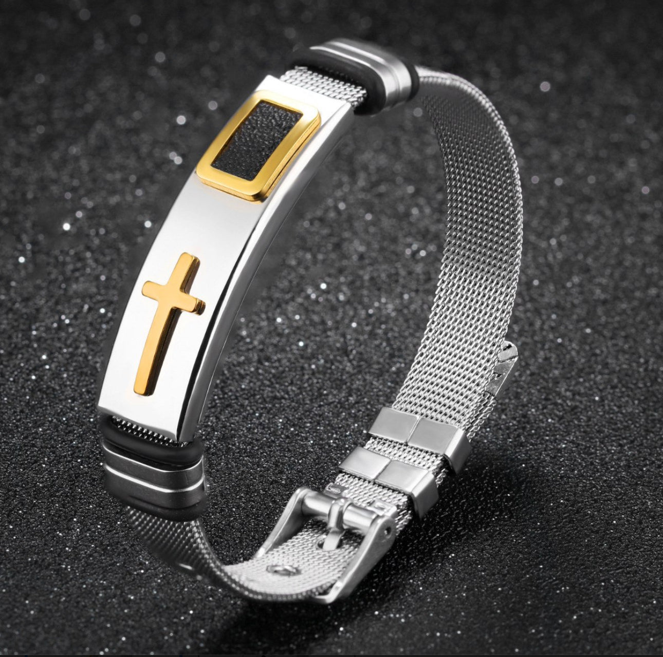 Pulsera Brazalete Acero Inoxidable Hombre Cruz Malla Inglesa