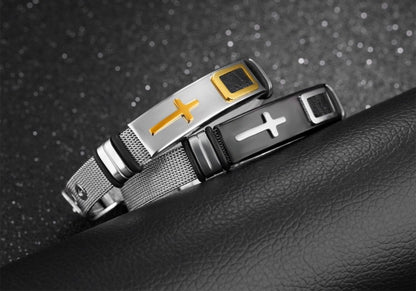 Pulsera Brazalete Acero Inoxidable Hombre Cruz Malla Inglesa