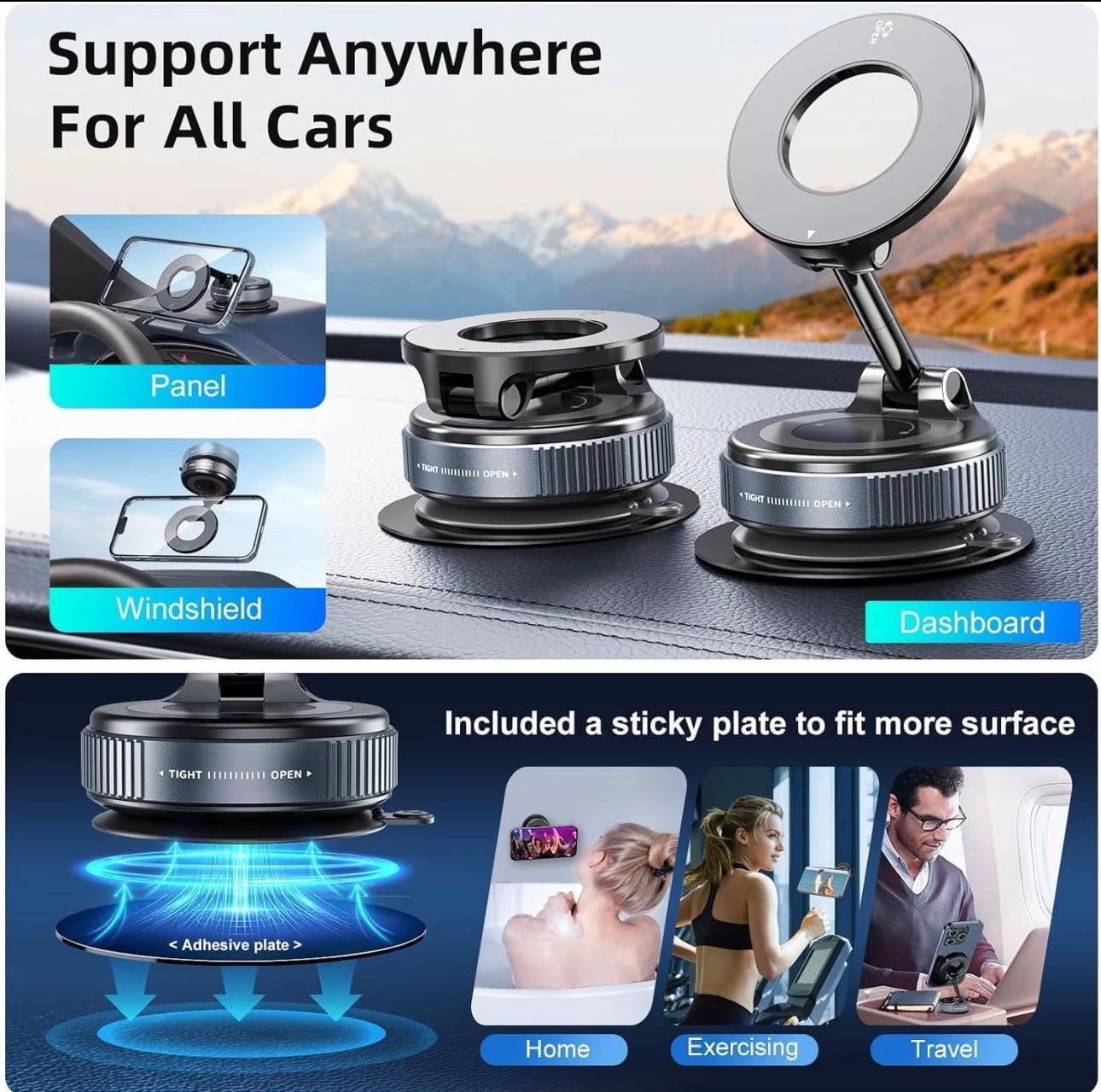 Soporte magnético de succión al
aspiradora, Envío de placa magnética anular plegable y retráctil manos libres con ventosa para coche, gimnasio, espejo, superficie lisa, compatible con iPhone Android y todos los teléfonos