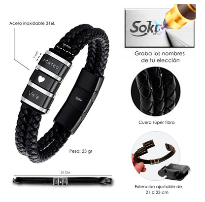 Soku Pulsera Personalizada Piel Acero Inoxidable Titanio Color 3 Nombres Diámetro 21 cm Largo 21 cm