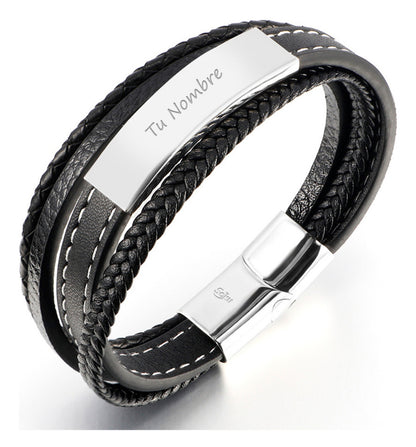Soku Pulsera Personalizada Piel Acero Inoxidable Titanio Color Negro Diámetro 21 cm Largo 21 cm
