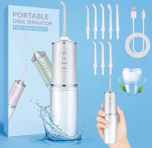 Irrigador bucal eléctrico inalámbrico, recargable e impermeable. Irrigador bucal portatil para la limpieza dental. Irrigador bucal inalámbrico con 3 modos y 4 puntas para viajes y uso doméstico.