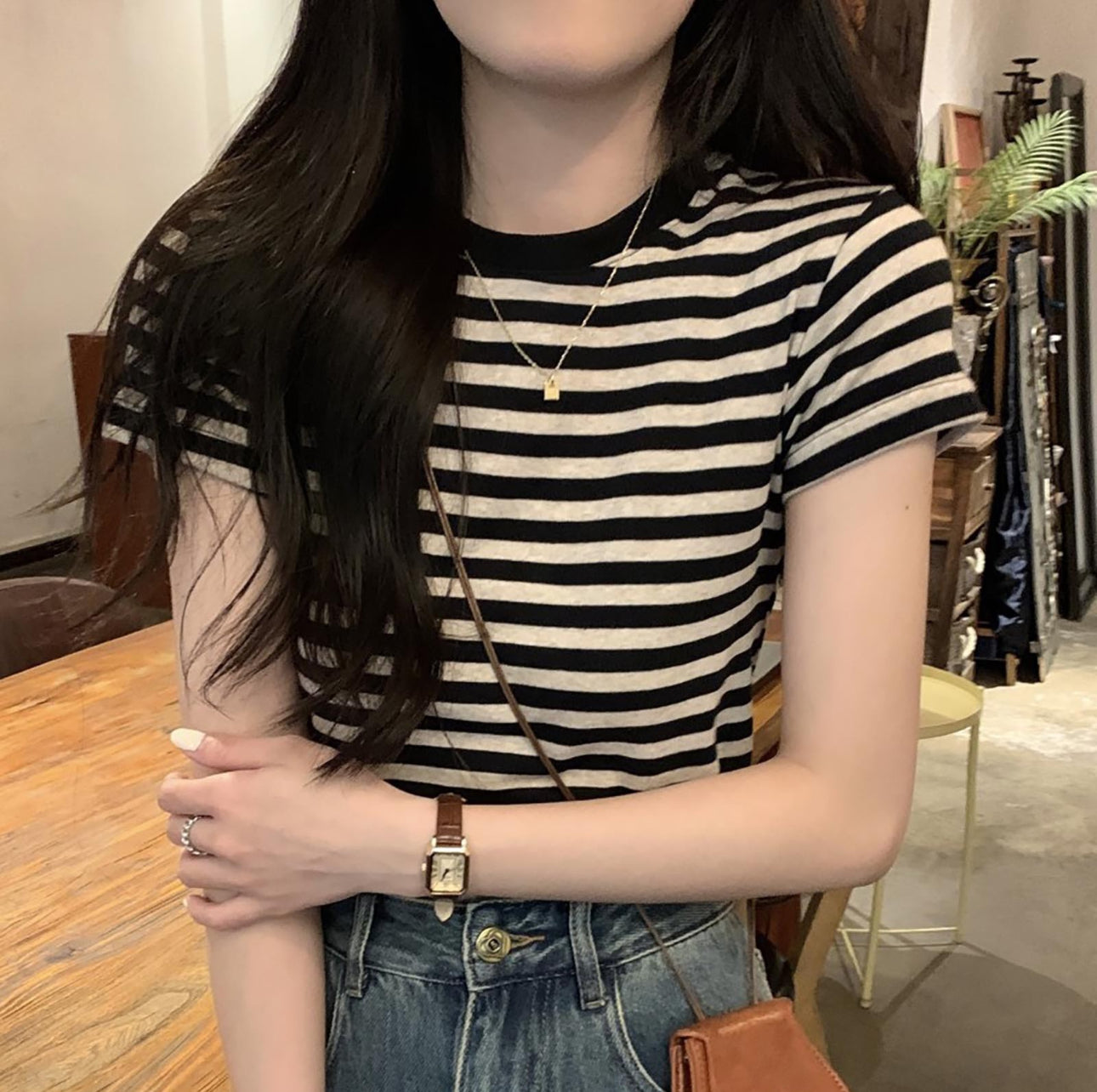 (🌎 PRODUCTO INTERNACIONAL)
 Blusa Casual De Manga Corta Con Cuello Redondo A Rayas Para