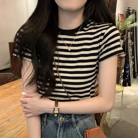 (🌎 PRODUCTO INTERNACIONAL)
 Blusa Casual De Manga Corta Con Cuello Redondo A Rayas Para