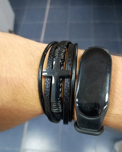 Pulsera Cuero De Cruz Acero Inox Con Magnética Para Hombre