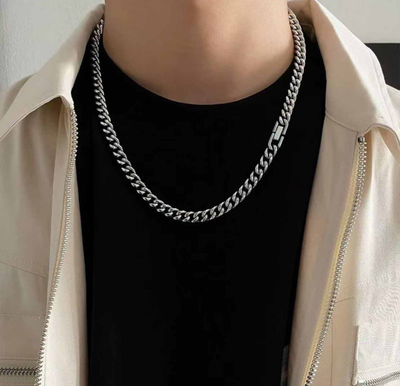 Collar Estilo Cubano Unisex De Acero Inoxidable Plateado