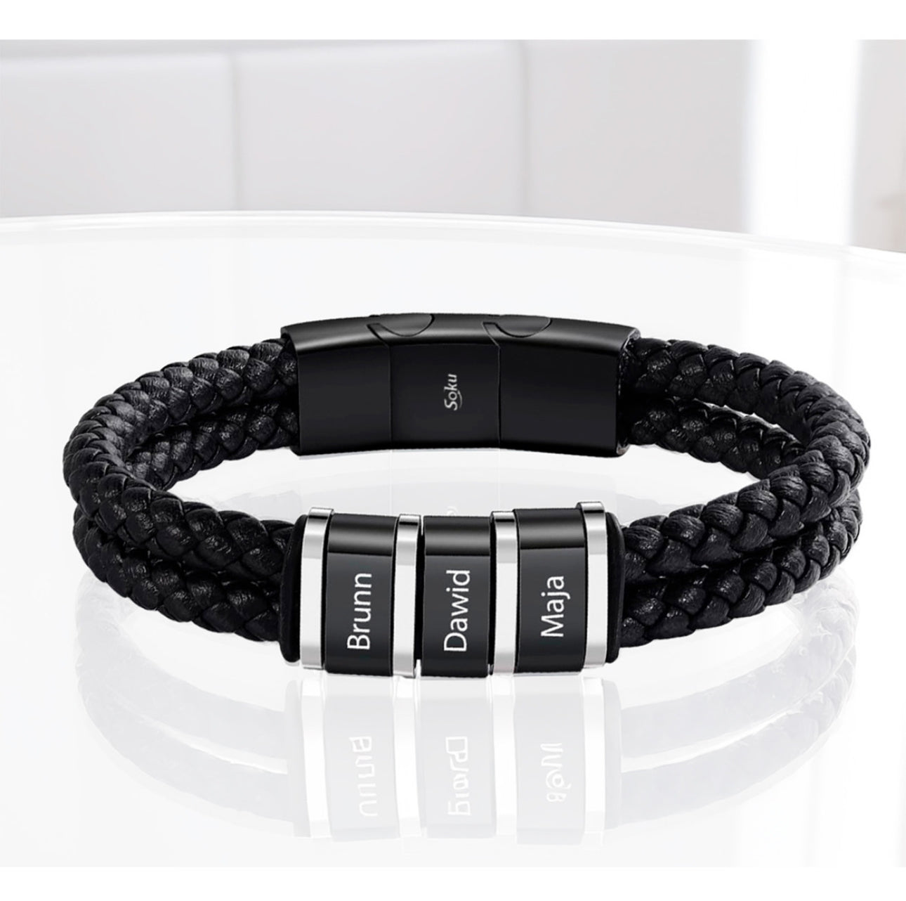 Soku Pulsera Personalizada Piel Acero Inoxidable Titanio Color 3 Nombres Diámetro 21 cm Largo 21 cm