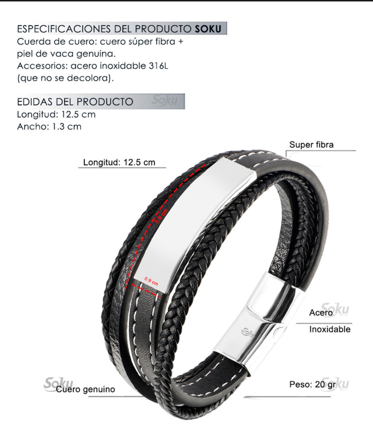 Soku Pulsera Personalizada Piel Acero Inoxidable Titanio Color Negro Diámetro 21 cm Largo 21 cm