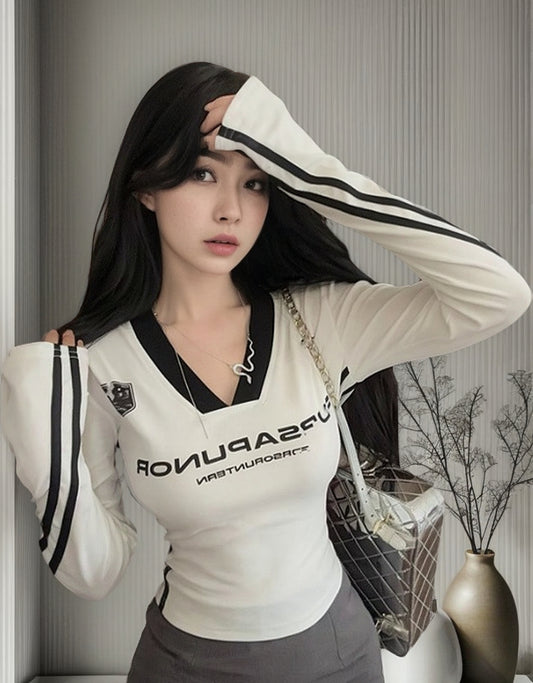 (🌍 INTERNACIONAL COMERCIO) Camiseta De Poliéster De Manga Larga Con Cuello En V Para Mujer