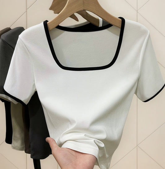 (🌍 INTERNACIONAL) Camiseta De Mujer De Poliéster Con Cuello Cuadrado, Color
