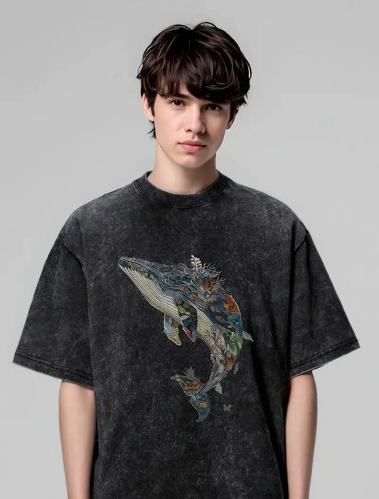 Camiseta Oversize Unisex para Hombres y Mujeres con Estampado de Ballena Diseño Vintage Lavado
Desgastado Algodón Color Azul Cuello Redondo
Manga Corta Ajuste Cómodo para Todas las
Temporadas Lavable a Máquina