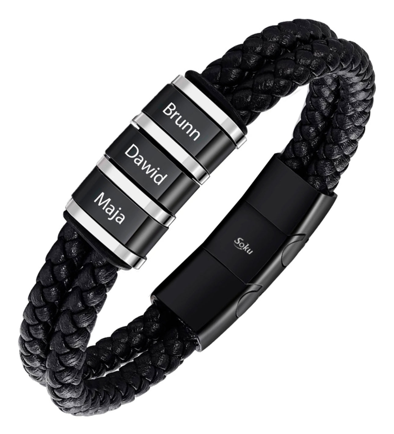 Soku Pulsera Personalizada Piel Acero Inoxidable Titanio Color 3 Nombres Diámetro 21 cm Largo 21 cm