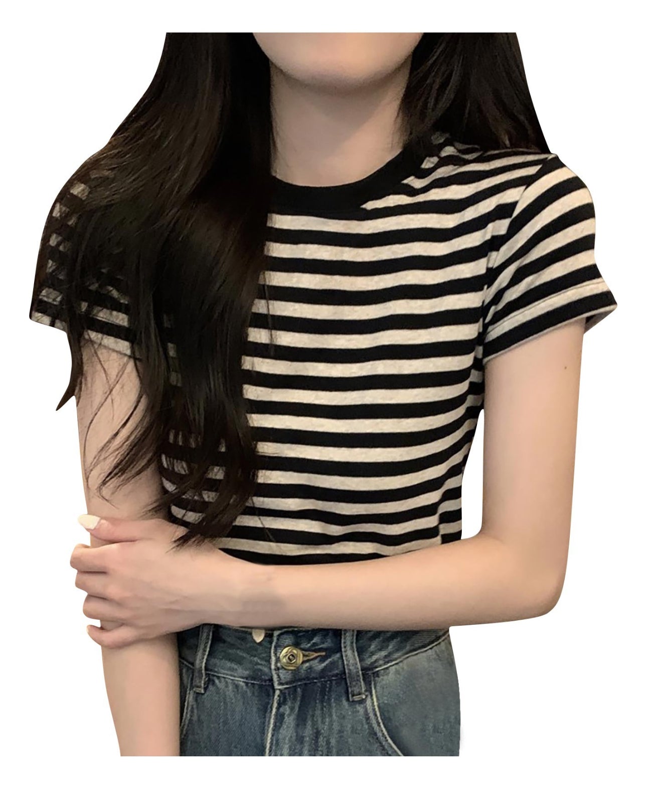 (🌎 PRODUCTO INTERNACIONAL)
 Blusa Casual De Manga Corta Con Cuello Redondo A Rayas Para