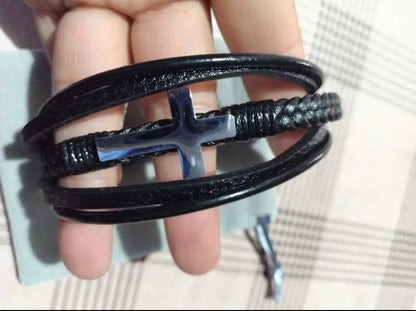 Pulsera Cuero De Cruz Acero Inox Con Magnética Para Hombre