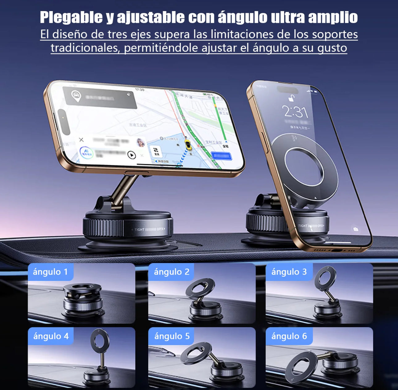 [Soporte magnético para teléfono] Soporte magnético para teléfono de coche con rotación de 360° y adsorción al vacío: plegable, retráctil, material ABS, impermeable, portátil para coche, ducha, viajes, gimnasio y espejo liso.