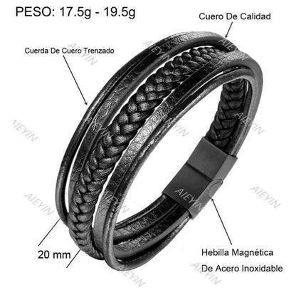 Pulsera Hombre De Cuero Trenzado Con Hebilla Magnética