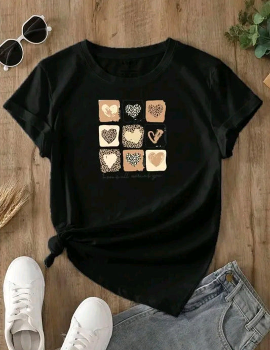 Camiseta De Cuello Redondo Con Estampado de cuadritos con corazones Camiseta De Manga Corta Casual Para Primavera Y Verano, Ropa De Mujet