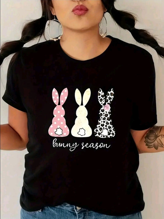 Camiseta De Cuell Redondo Con Estampado De Conejo, Top De Manga Corta Casual Para Primavera verano, Ropa De Mujer