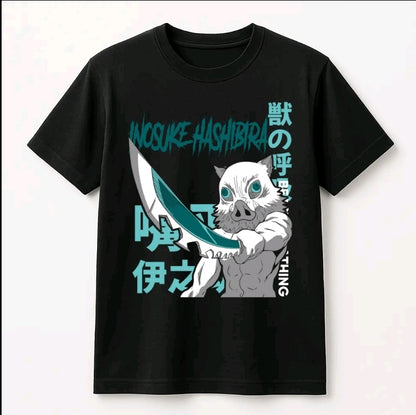 Plavera Unisex Negra lsonuke Hashibira | Camiseta holgada Estampada de anime, Ropa Urbana Streetwear, 100% Agodón, Manga Corta