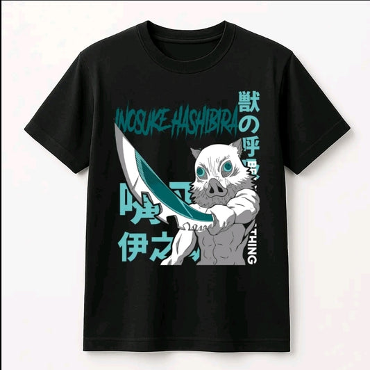 Plavera Unisex Negra lsonuke Hashibira | Camiseta holgada Estampada de anime, Ropa Urbana Streetwear, 100% Agodón, Manga Corta