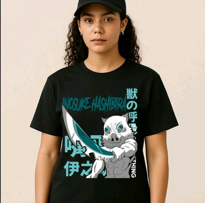 Plavera Unisex Negra lsonuke Hashibira | Camiseta holgada Estampada de anime, Ropa Urbana Streetwear, 100% Agodón, Manga Corta