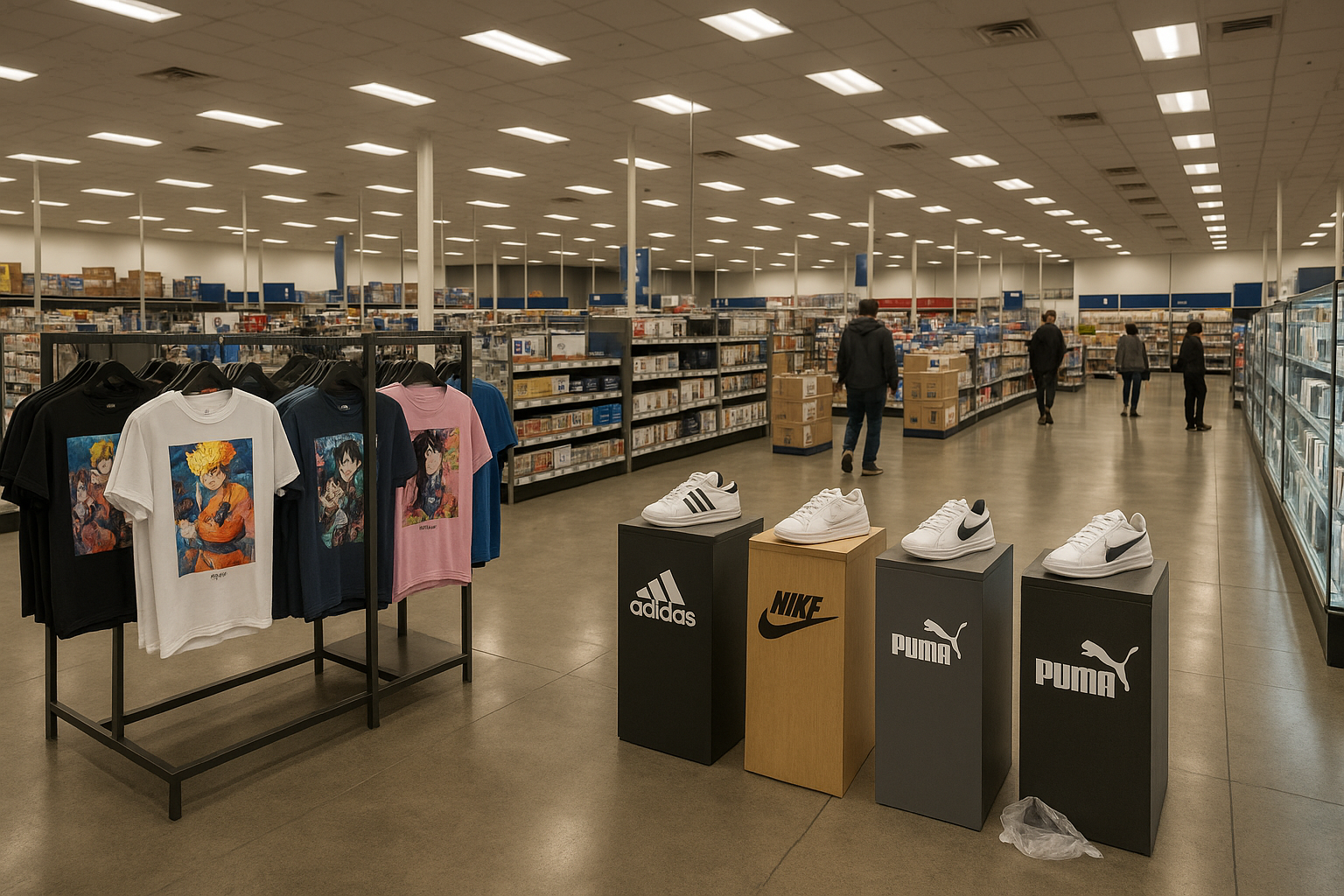 Dame una tienda donde haya playeras de anime donde haya tenis de Adidas Nike puma donde haya productos de calidad donde haya productos de tecnología donde ya esté grande, el espacio donde hay paquetes bolsas de paquetes empaquetados con tickets y que todo sea realista, lo más realista posible que Tienda sea por 100% real