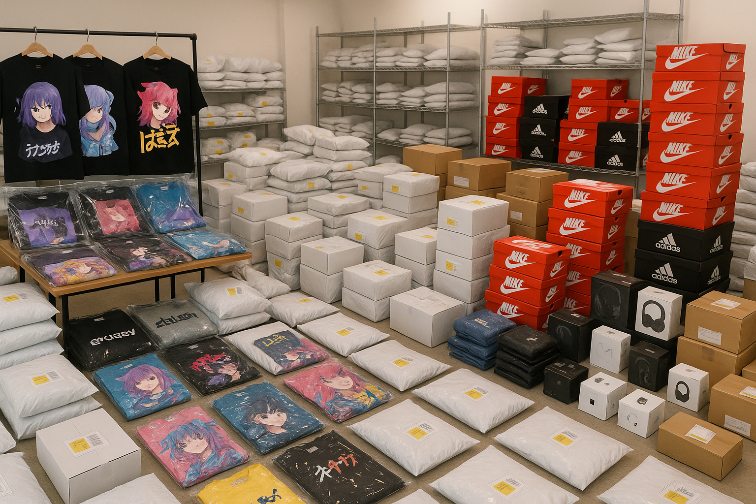 Genera una imagen donde hay paquetes con bolsa con bolsa de paquetes color blanco, con tickets, blancos y amarillos que haya cajas de Nike de Adidas, que el cuarto sea grande, un poco grande que se vea que hay muchos productos que también se vea ropa de anime color, micro ropa, chida de anime con letras de anime y chidas que se vea ropa de marca que se vea todo empacado y que no haya nadie que sólo se vayan los paquetes que se vean audífonos y todo y que se vaya muy llamativo el cuarto