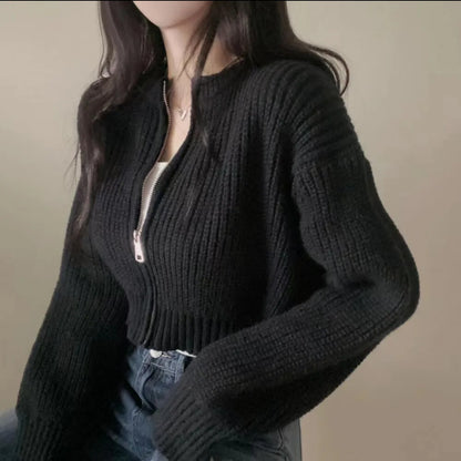 (🌍 PRODUCTO INTERNACIONAL) suéter Mujer Cierre Corto Cuell. Redondo Tejido Sólido