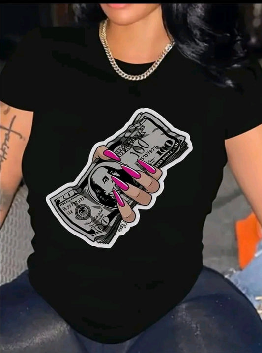 Camiseta De Cuello Redondo Con Estampado De uñas billete Camiseta De Manga Corta Casual Para Primavera Y Verano, Ropa De Mujer