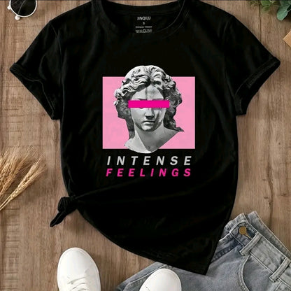 Camiseta De Cuello Redondo Con Estampado Deintense feelings Camiseta De Manga Corta Casual Para ◦ Primavera Y Verano, Ropa De Mujer