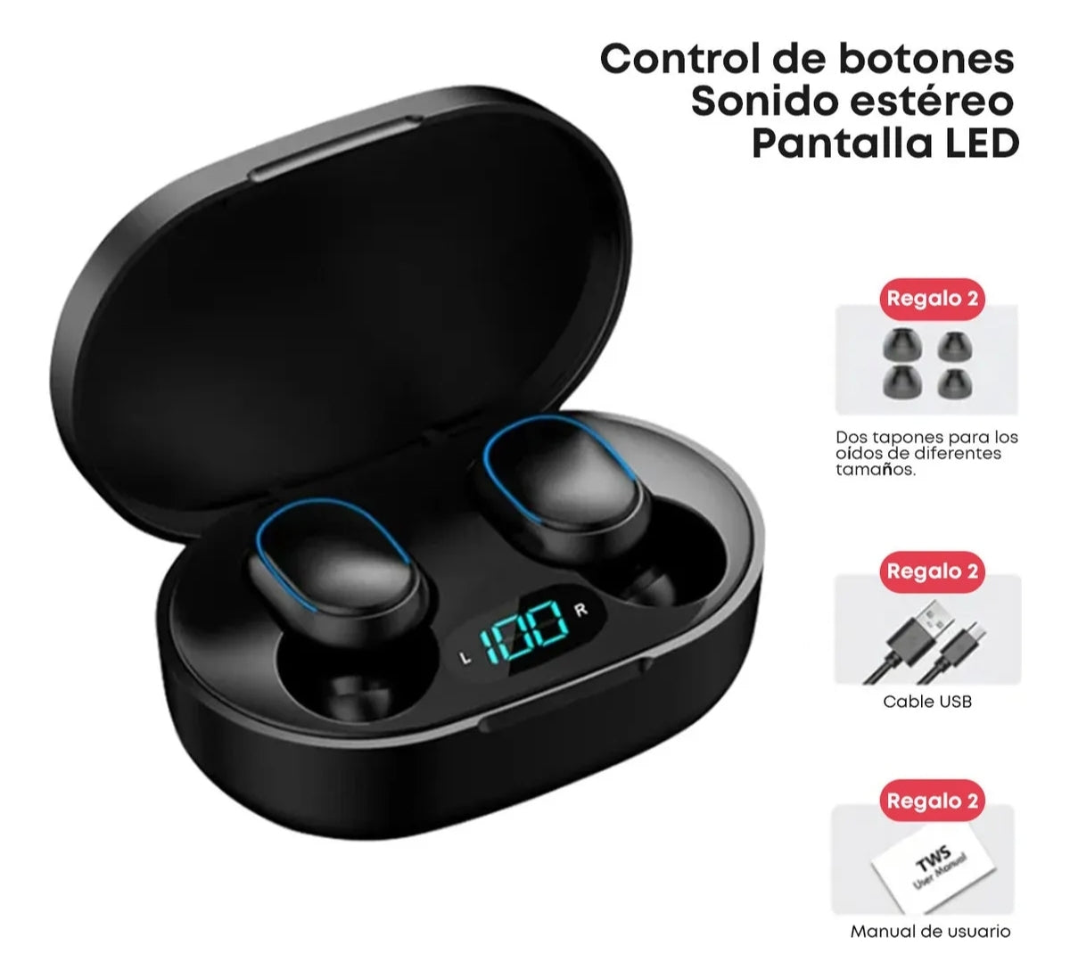 Keluona E7s Audifonos ln-ear Inalámbricos TWS Bluetooth Color Negro Con Luz Lec