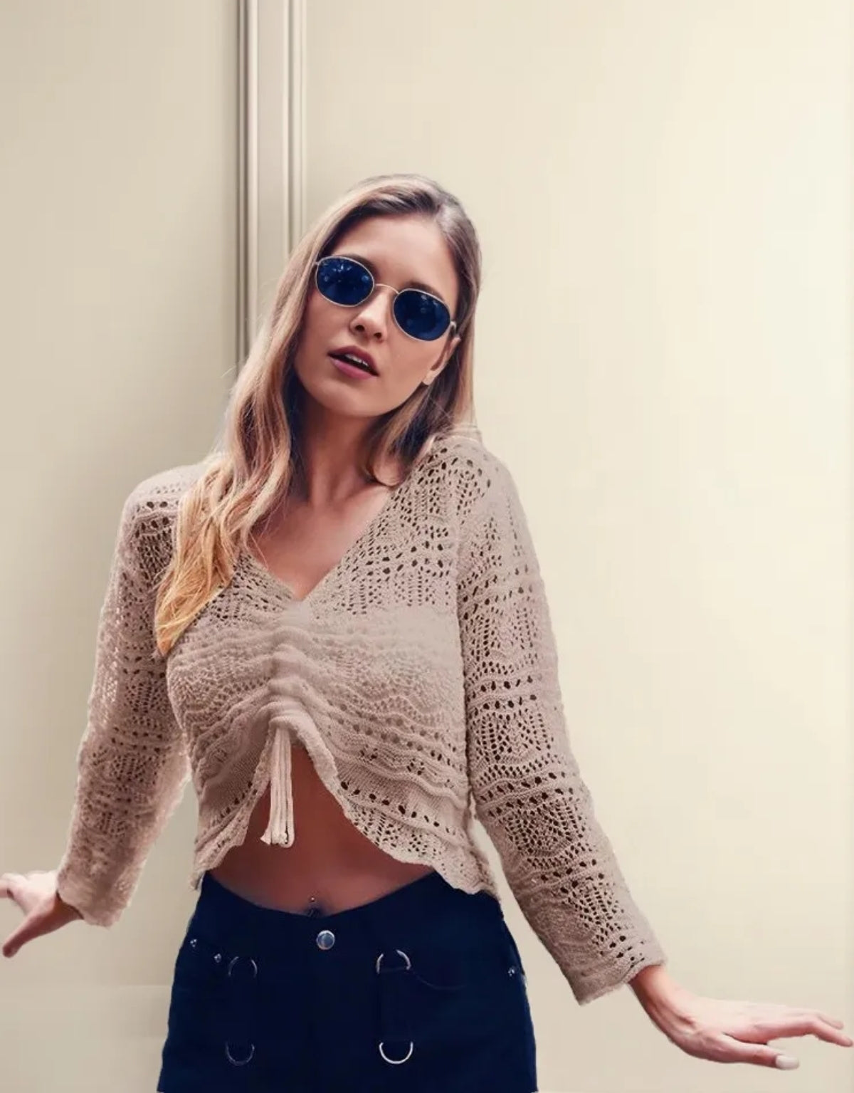(🌍 PRODUCTO INTERNACIONAL) Suéter Tejido Crop Top Sólido Pulóver