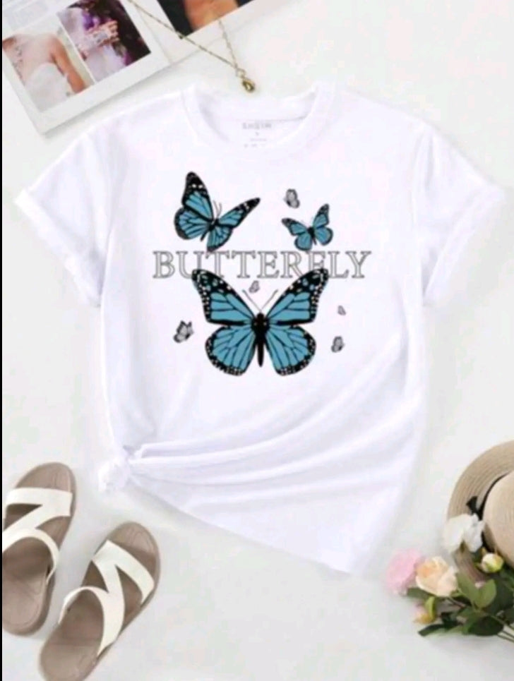 Camiseta estampada con diseño de Butterfly, manga corta cuello redondo, top casual para verano y primavera, ropa de mujer