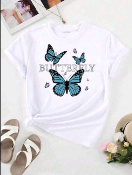 Camiseta estampada con diseño de Butterfly, manga corta cuello redondo, top casual para verano y primavera, ropa de mujer