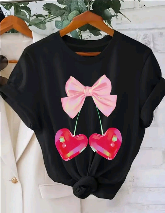 Camiseta De Cuello Redondo Con Estampado De cherry corazon moño, Camiseta De Manga Corta Casual l Para Primavera Y Verano, Ropa De Mujet