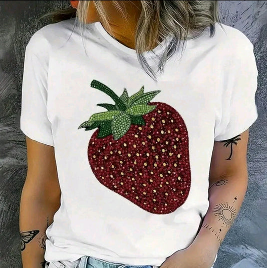 Camiseta estampada con diseño Fresa Grande, manga corta cuello redondo, top casual para verano y primavera, ropa de mujer