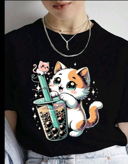 Camiseta De Cuello Redondo Con Estampado De gatito con bebida, Camiseta De Manga Corta Casual Para Primavera Y Verano, Ropa De Mujet