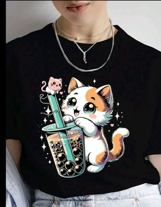 Camiseta De Cuello Redondo Con Estampado De gatito con bebida, Camiseta De Manga Corta Casual Para Primavera Y Verano, Ropa De Mujet