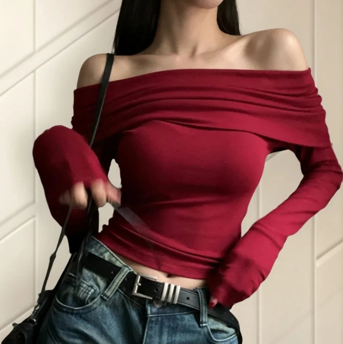 (🌍 PRODUCTO INTERNACIONAL) Crop Top Mujer Sexy Hombros Descubiertos Manga Larga