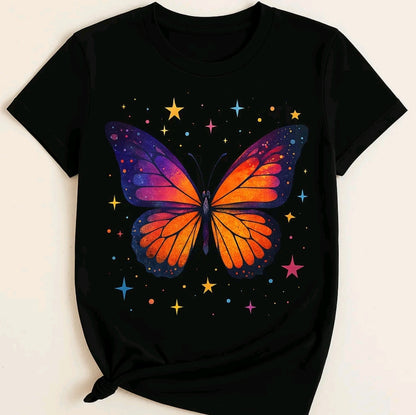 Camiseta De Cuello Redondo Con Estampado De mariposa morada Camiseta De Manga Corta Casua Para Primavera Y Verano, Ropa De Mujer