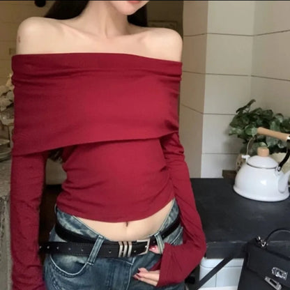 (🌍 PRODUCTO INTERNACIONAL) Crop Top Mujer Sexy Hombros Descubiertos Manga Larga