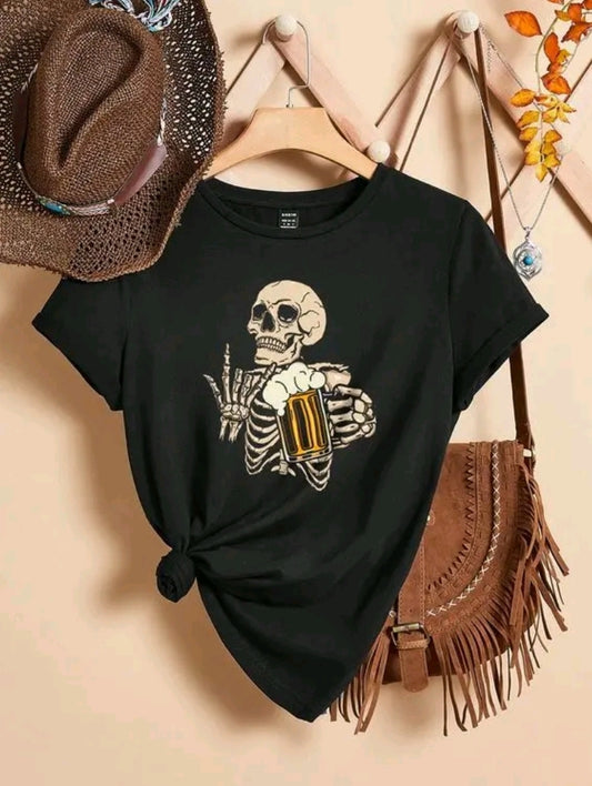 Camiseta De Cuello Redondo Con Estampado De chela calaca Camiseta De Manga Corta Casual Para Primavera Y Verano, Ropa De Mujer