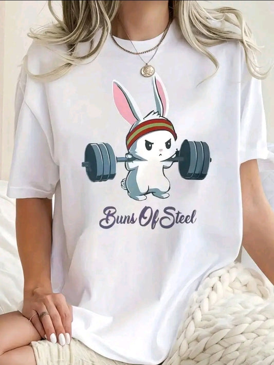 Camiseta de Entrenamiento para Mujer con Estampado Divertido de Conejito - ráfico de Conejo Levantando Pesas, Cuello Redondo 'Y Manga Corta Holgada