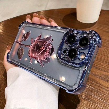 Funda protectora para teléfono móvil de TPU antideslizante y a prueba de cadas con patrón de galvanoplastia de rosa rosa, adecuada para iphone 16 15 14 13 12 11 XS X y otros modelos de la serie, puede ser regalada a niños o niñas como una funda de teléfo