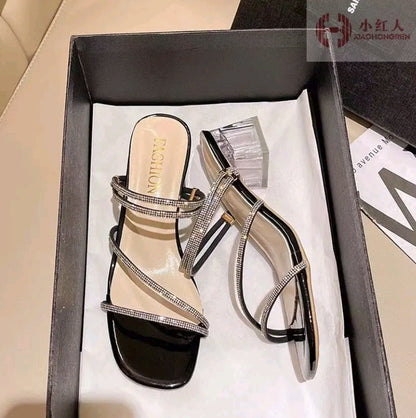 Sandalias transparentes de tacón cuadrado para mujer. Estilo coreano de hadas, delicadas sandalias color piel, diseño de tiras finas con un tacto de alta gama, cómodas y estilizadas. Sandalias mutifuncionales para mujer, ideales para uso diario, citas V